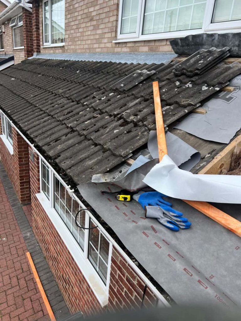 This is a photo of a pitched roof which is being repaired. The existing roof was leaking badly. Works carried out by New Ollerton Roofing Repairs